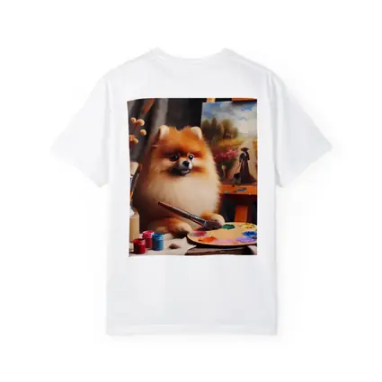 Pomeranian Artist Painting On Studio Easel