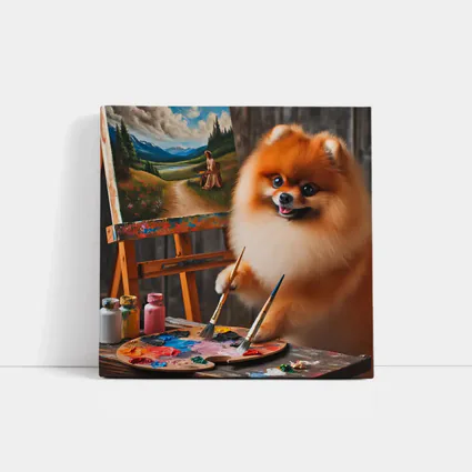 Pomeranian Artist Painting on Wooden Easel
