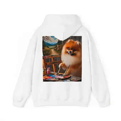 Pomeranian Artist Painting on Wooden Easel