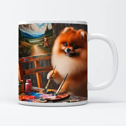 Pomeranian Artist Painting on Wooden Easel