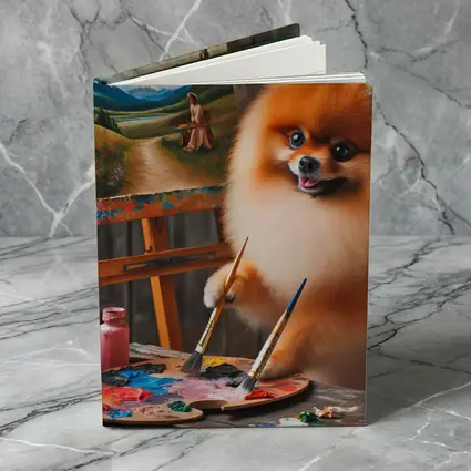 Pomeranian Artist Painting on Wooden Easel