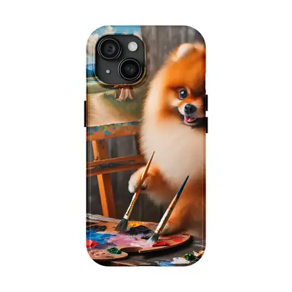 Pomeranian Artist Painting on Wooden Easel