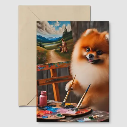 Pomeranian Artist Painting on Wooden Easel