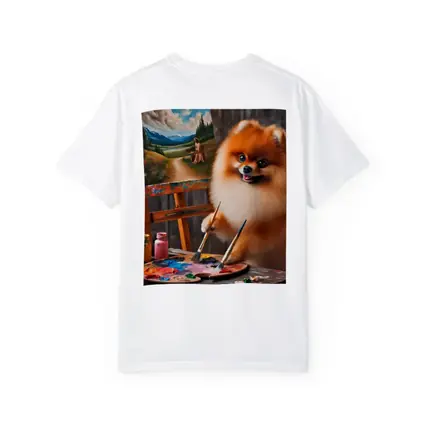 Pomeranian Artist Painting on Wooden Easel
