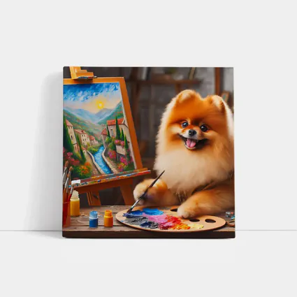 Pomeranian Artist Painting on Wooden Easel