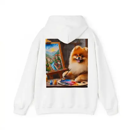 Pomeranian Artist Painting on Wooden Easel