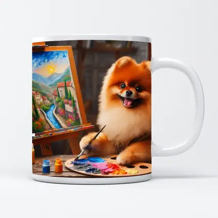 Pomeranian Artist Painting on Wooden Easel