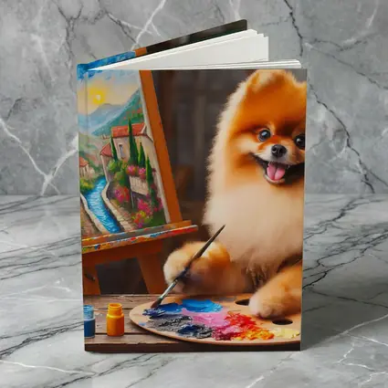 Pomeranian Artist Painting on Wooden Easel