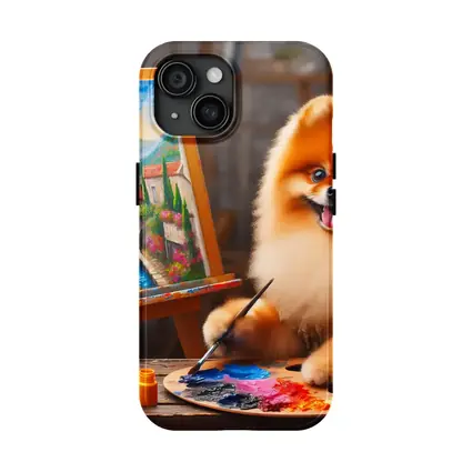 Pomeranian Artist Painting on Wooden Easel