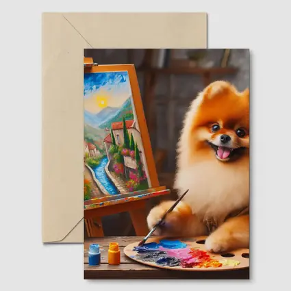 Pomeranian Artist Painting on Wooden Easel