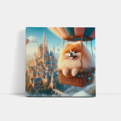 Pomeranian Dog Flying Hot Air Balloon Castle