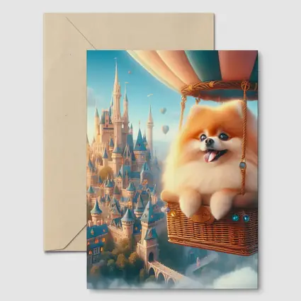 Pomeranian Dog Flying Hot Air Balloon Castle