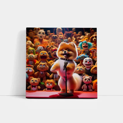 Pomeranian On Stage With Toy Crowd
