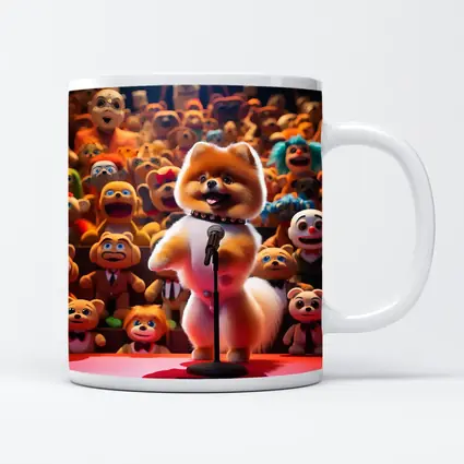 Pomeranian On Stage With Toy Crowd