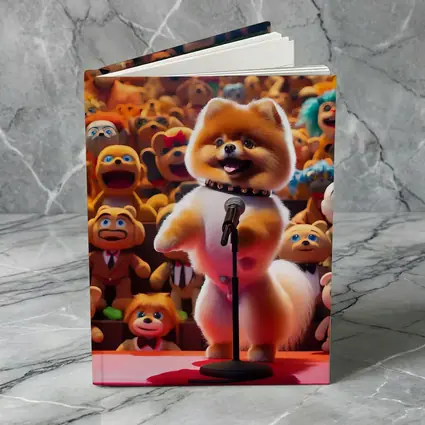 Pomeranian On Stage With Toy Crowd