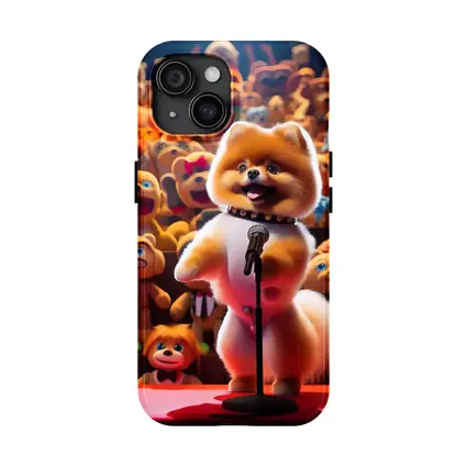 Pomeranian On Stage With Toy Crowd