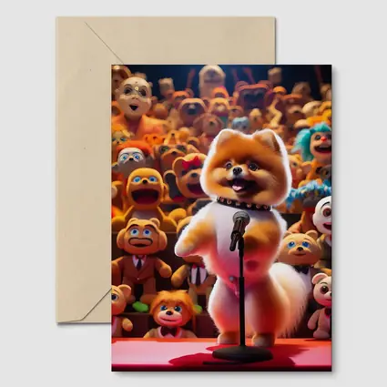 Pomeranian On Stage With Toy Crowd