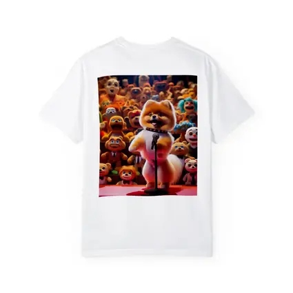 Pomeranian On Stage With Toy Crowd