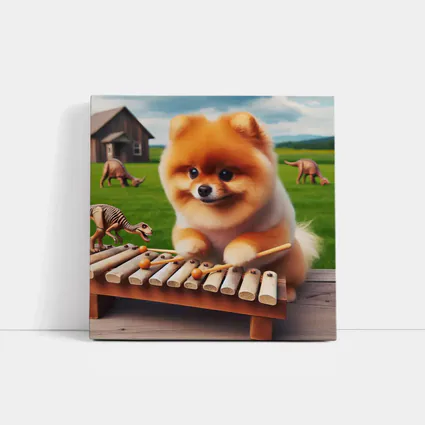 Pomeranian Playing Xylophone With Dinosaurs Outdoors
