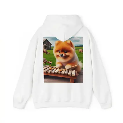 Pomeranian Playing Xylophone With Dinosaurs Outdoors
