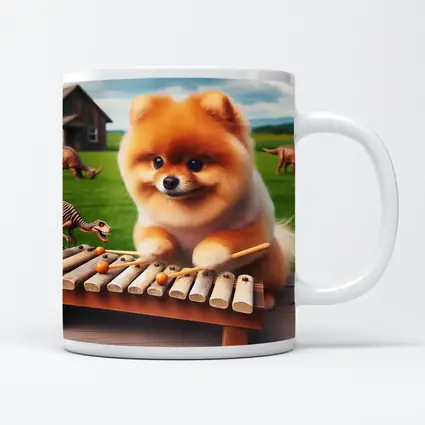 Pomeranian Playing Xylophone With Dinosaurs Outdoors