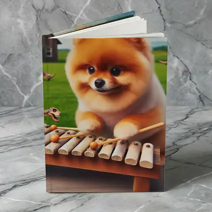 Pomeranian Playing Xylophone With Dinosaurs Outdoors