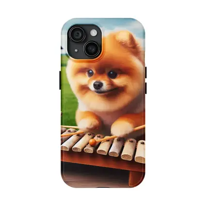 Pomeranian Playing Xylophone With Dinosaurs Outdoors