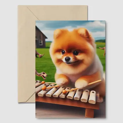 Pomeranian Playing Xylophone With Dinosaurs Outdoors