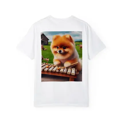 Pomeranian Playing Xylophone With Dinosaurs Outdoors
