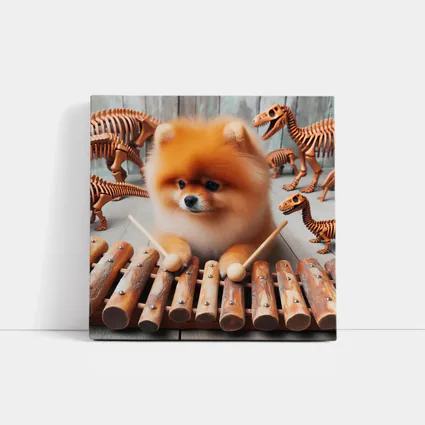 Pomeranian Dog Playing Xylophone With Dinosaur Skeletons