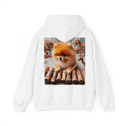 Pomeranian Dog Playing Xylophone With Dinosaur Skeletons