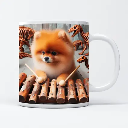 Pomeranian Dog Playing Xylophone With Dinosaur Skeletons