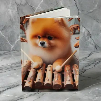 Pomeranian Dog Playing Xylophone With Dinosaur Skeletons