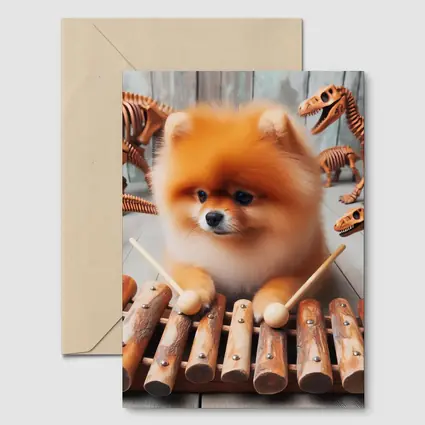 Pomeranian Dog Playing Xylophone With Dinosaur Skeletons