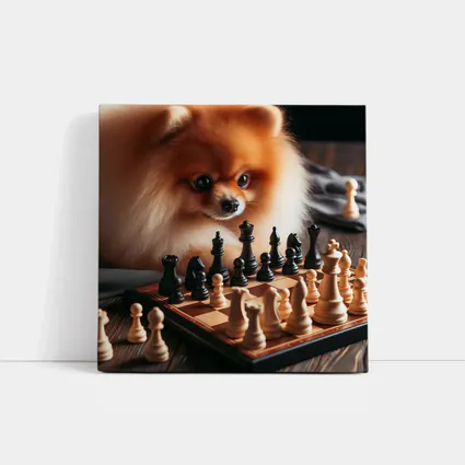 Pomeranian Dog Playing Chess on Wood