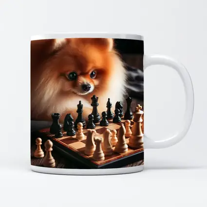 Pomeranian Dog Playing Chess on Wood
