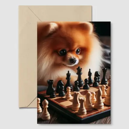 Pomeranian Dog Playing Chess on Wood