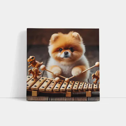 Pomeranian Playing Xylophone With Dinosaur Toys