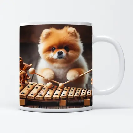 Pomeranian Playing Xylophone With Dinosaur Toys
