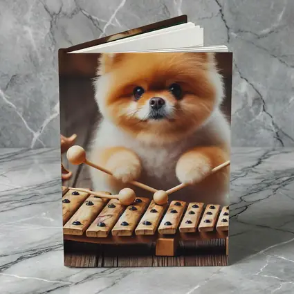 Pomeranian Playing Xylophone With Dinosaur Toys