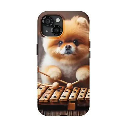 Pomeranian Playing Xylophone With Dinosaur Toys