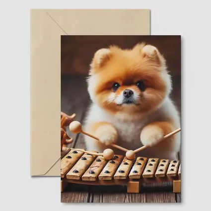Pomeranian Playing Xylophone With Dinosaur Toys