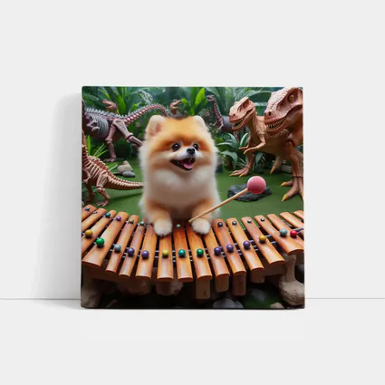 Pomeranian Playing Xylophone With Dinosaurs
