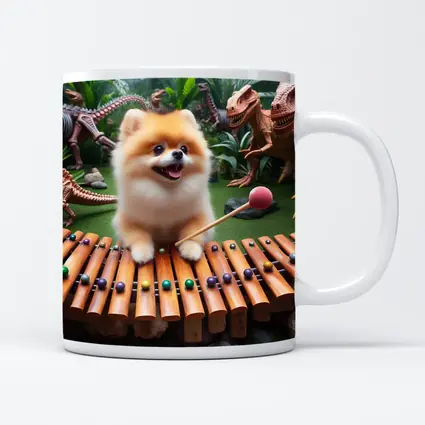 Pomeranian Playing Xylophone With Dinosaurs