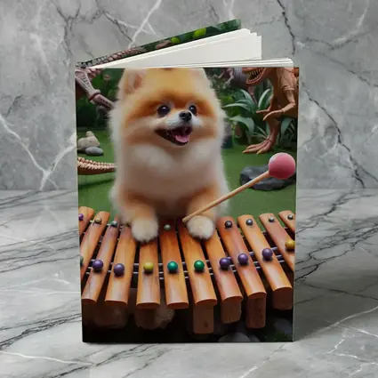 Pomeranian Playing Xylophone With Dinosaurs