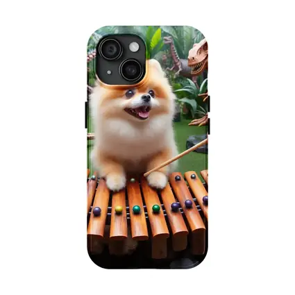Pomeranian Playing Xylophone With Dinosaurs