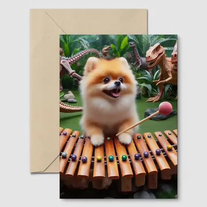 Pomeranian Playing Xylophone With Dinosaurs