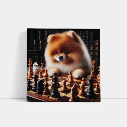 Pomeranian Dog Playing Chess Library Background