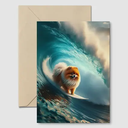 Pomeranian Surfing Massive Ocean Wave