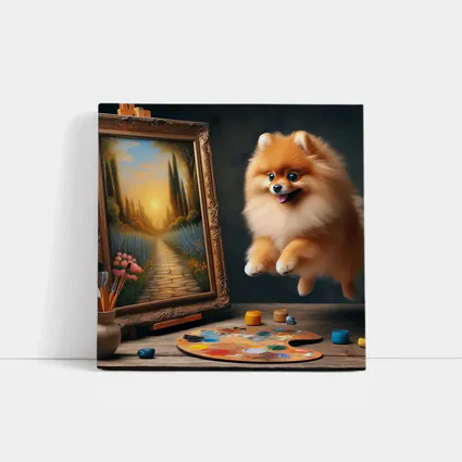 Pomeranian Dog Leaping Near Painting Easel